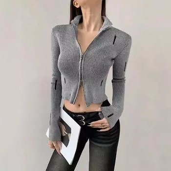 Винтажный кардиган на молнии, женский Y2k, эстетический свитер в стиле гранж, куртки, женские тонкие вязаные пальто в стиле Харадзюку, Femme C-246 S чёрный