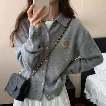 Винтажный кардиган свитер женский университетский бренд вышитый значок рубашка поло свободная зимнее пальто осень зима уличная одежда One Size зелёный