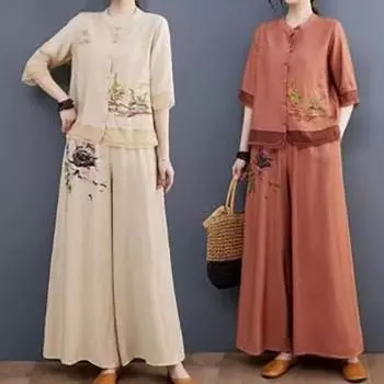 Винтажный китайский комплект одежды для женщин, хлопковый лен, дышащий летний костюм из двух частей для брюк XXXXXL оранжевый