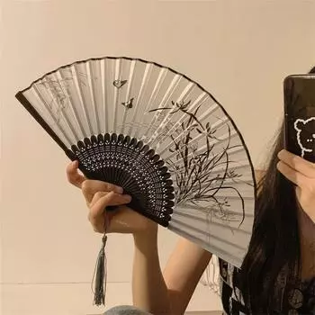 Винтажный китайский складной веер, восточный классический тканевый веер, подарок для женщин, ханьфу One Size