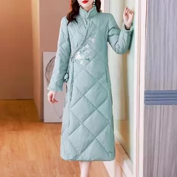 Винтажный китайский стиль, бамбуковый пуховик с вышивкой в виде цветов сливы, белый утиный пух, длинный пуховик с воротником-стойкой M