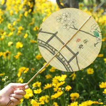 Винтажный китайский веер, ручной веер с длинной ручкой, групповой веер, плетеный из бамбука, круглый летний веер Style 3