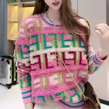 Винтажный клетчатый контрастный розовый свитер, женский пуловер one size розовый