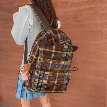Винтажный клетчатый школьный рюкзак для женщин Small чёрный