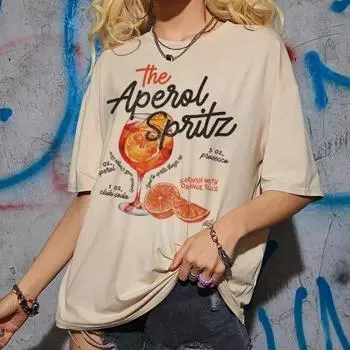 Винтажный коктейльный принт Aperol Spritz Женская футболка Милая футболка с алкогольными напитками Свободная хлопковая футболка с принтом Унисекс Топ Подарок S