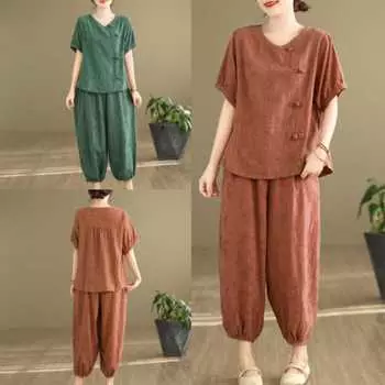 Винтажный комплект из хлопка, льна, жаккарда, ханьфу, топы и брюки, комплект для медитации, йоги, тайцзи, прогулок на свежем воздухе XXXL зелёный