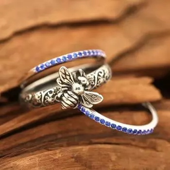 Винтажный комплект колец в виде пчелы для женщин, инкрустация синим цирконом, кольцо с камнем в стиле бохо, нежные кольца ручной работы с резным цветком, обручальное кольцо, ювелирные изделия 7 розовый