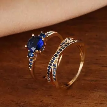 Винтажный комплект колец золотого цвета круглой огранки с синим камнем и крестом, обручальное кольцо, комплект колец, подарок на день Святого Валентина 5 синий