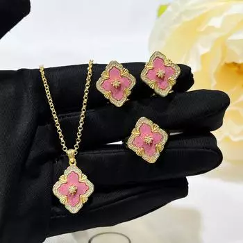 Винтажный комплект розовых роз Court Bratti, браслет из четырехлистного клевера, ожерелье из камня Tianhe, кольцо, серьги-гвоздики