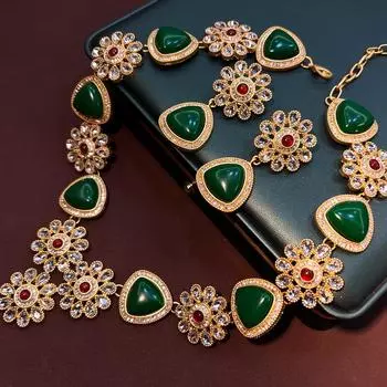 Винтажный комплект ювелирных изделий в стиле Среднего Древа с массивным зеленым цветком, позолоченным S925, ожерельем и серьгами 40cm