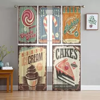 Винтажный кондитерский магазин, коллекция жестяных вывесок, прозрачные шторы для гостиной, тюлевая оконная занавеска, занавеска для спальни, кухни, вуаль, шторы 135W x 114H(cm)