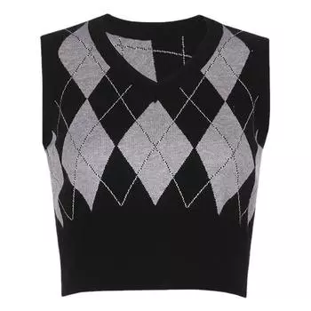 Винтажный контрастный вязаный жилет с ромбами, женский вязаный жилет, свитер без рукавов с v-образным вырезом, вязаный топ one size серый