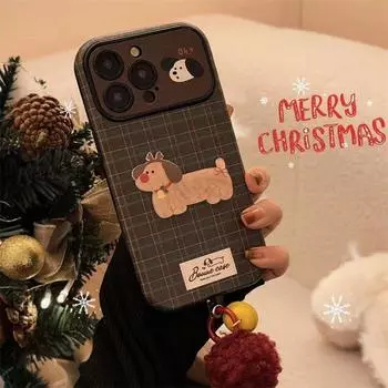 Винтажный коричневый клетчатый рождественский кожаный чехол с изображением щенка для iPhone 16 Pro Max 15 14 Plus 13 12 Pro 11. Универсальный осенний чехол с подвеской в виде рождественского колокольчика. iPhone 16 Pro Max