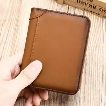 Винтажный кошелек из натуральной кожи, мужской кошелек для монет, RFID-защита от кражи, сумка для карт с несколькими отделениями для карт, короткий, тройной зажим для денег чёрный