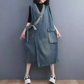 Винтажный косой лацкан галстук средней длины джинсовый жилет лето делает старые цветные свободные платья M синий