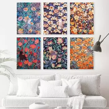 Винтажный кот мультфильм животное цветок растение скандинавский плакат настенное искусство холст картины настенные картины для гостиной домашний декор без рамы 21x30cm No Framed