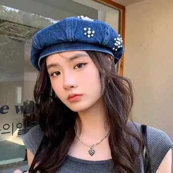 Винтажный ковбойский берет для детей, весна и осень, уличный, универсальный, для показа, лицо, маленькая британская модная шляпа художника, шляпа бутона, прилив M (56-58cm) Pearl Flat Top Denim Hat темно-синий