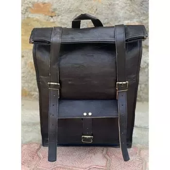 Винтажный кожаный большой рюкзак для ноутбука, дорожный рюкзак с откидной крышкой, лучший подарок для мужчин и женщин Винтажный рюкзак 16 x 12 x 5 in чёрный