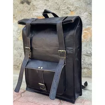 Винтажный кожаный большой рюкзак для ноутбука, дорожный рюкзак с откидной крышкой, лучший подарок для мужчин и женщин Винтажный рюкзак 16 x 12 x 5 in чёрный