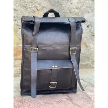 Винтажный кожаный большой рюкзак для ноутбука, дорожный рюкзак с откидной крышкой, лучший подарок для мужчин и женщин Винтажный рюкзак 16 x 12 x 5 in чёрный