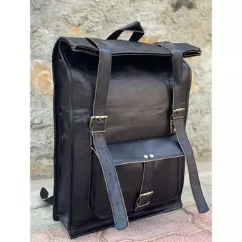 Винтажный кожаный большой рюкзак для ноутбука, дорожный рюкзак с откидной крышкой, лучший подарок для мужчин и женщин Винтажный рюкзак 16 x 12 x 5 in чёрный