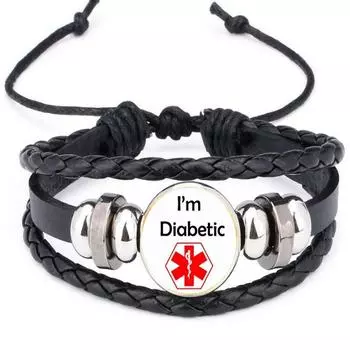 Винтажный кожаный браслет с лунным куполом, кабошон, стекло, у меня диабет, диабет типа 2, типа 1, медицинское оповещение, диабетический знак, фотоизображение, браслет-подвеска