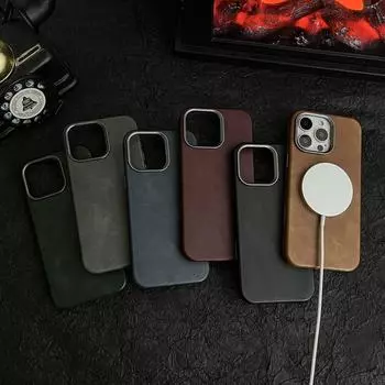 Винтажный кожаный чехол для телефона Magsafe Slim для iPhone 16 Pro Max 15 Pro 14 13 однотонный ударопрочный жесткий чехол-бампер из поликарбоната с магнитом iPhone 16 чёрный