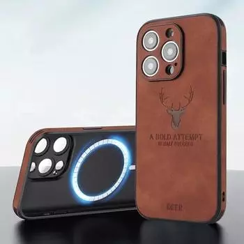 Винтажный кожаный чехол с оленем из овечьей кожи для iPhone 15 14 13 12 11 Pro Max 15Pro 14Pro 13Pro, полное покрытие для Magsafe с беспроводной зарядкой For iPhone 14 Pro