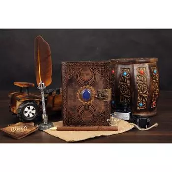 Винтажный кожаный дневник ручной работы, дневник A5, усыпанный полудрагоценными камнями, дневник с старинной пряжкой 7 X 5 IN коричневый