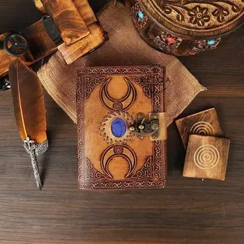 Винтажный кожаный дневник ручной работы, дневник A5, украшенный полудрагоценными камнями, дневник с старинной пряжкой, ежедневник для мужчин и женщин 7 x 5 in коричневый