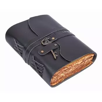 Винтажный кожаный дневник ручной работы с антикварной застежкой-ключом (A5) - 200 страниц с краями Deckle Edge ручной работы, черный цвет 8 x 6 in чёрный