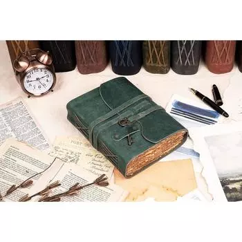 Винтажный кожаный дневник ручной работы со старинным ключом (A5) - 200 страниц с краями Deckle Edge ручной работы 8 x 6 in зелёный