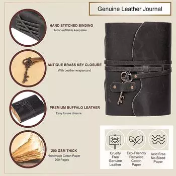 Винтажный кожаный дневник ручной работы - Старинные страницы ручной работы - Старинная застежка на ключ - Черный цвет. Размер 6x4 дюйма 6 x 4 in чёрный