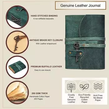 Винтажный кожаный дневник ручной работы - Старинные страницы ручной работы - Старинная застежка на ключ - Цвет кобальта. Размер 6x4 дюйма 6 x 4 in кобальтовый