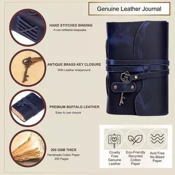 Винтажный кожаный дневник ручной работы - Старинные страницы ручной работы - Старинная застежка на ключ - Синий цвет. Размер 6x4 дюйма 6 x 4 in синий
