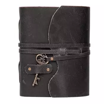 Винтажный кожаный дневник ручной работы - Старинные страницы ручной работы - Старинная застежка на ключ - Черный цвет. Размер 6x4 дюйма 6x4 inches чёрный