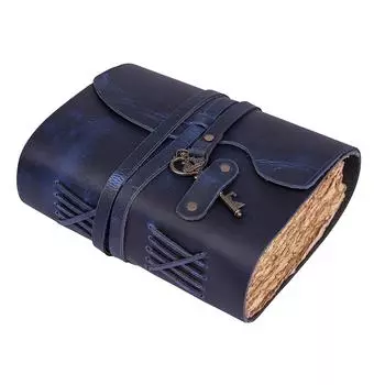 Винтажный кожаный дневник ручной работы - Винтажные страницы ручной работы - Старинная застежка на ключ - Синий цвет. Размер 8X6 дюймов 8X6 inches синий