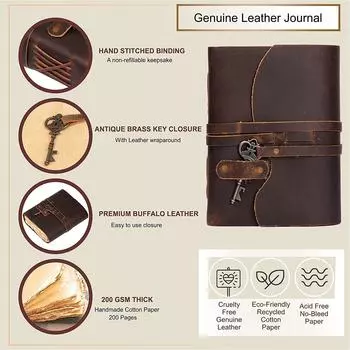 Винтажный кожаный дневник ручной работы - Винтажные страницы ручной работы - Старинная застежка на ключ - Шоколадно-коричневый цвет. Размер 6x4 дюйма 6 x 4 in коричневый
