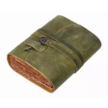 Винтажный кожаный дневник ручной работы - Винтажные страницы ручной работы - Старинная застежка на ключ - Зеленый цвет. Размер 8X6 дюймов 8 x 6 in зелёный