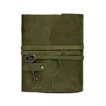 Винтажный кожаный дневник ручной работы - Винтажные страницы ручной работы - Старинная застежка на ключ - Зеленый цвет. Размер 10X7 дюймов 10 x 7 in зелёный