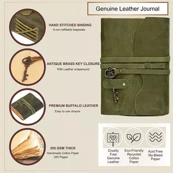 Винтажный кожаный дневник ручной работы - Винтажные страницы ручной работы - Старинная застежка на ключ - Зеленый цвет. Размер 6x4 дюйма 6 x 4 in зелёный