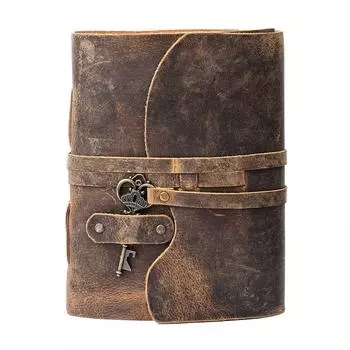 Винтажный кожаный дневник ручной работы - Винтажные страницы ручной работы - Старинная застежка на ключ - Проблемный коричневый цвет. Размер 10X7 дюймов 10 x 7 in коричневый