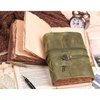 Винтажный кожаный дневник ручной работы - Винтажные страницы ручной работы - Старинная застежка на ключ - Зеленый цвет. Размер 8X6 дюймов 8 x 6 in зелёный