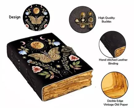 Винтажный кожаный дневник с принтом в виде бабочки и пряжкой с замком Старые страницы Дневник для офиса и личного пользования (7 х 5 дюймов) 7 x 5 in чёрный
