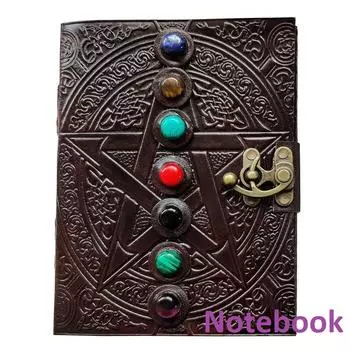 Винтажный кожаный переплет, журнал из семи камней, подарок для него, ее блокнот для путешествий, дневник, пентаграмма, звездная терапия, уход за собой, личный дневник 8 x 6 in коричневый