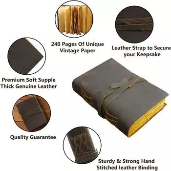 Винтажный кожаный журнал, 200 бумажных журналов ручной работы с краями Deckle Edge, кожаный эскиз 5 x 7 in коричневый