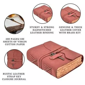 Винтажный кожаный журнал, блокнот ручной работы, альбом для рисования, бумага цвета фуксии с декоративными краями 6 x 4 in