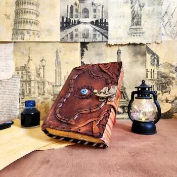 Винтажный кожаный журнал Hocus Pocus с вышитым вручную видом и винтажной отделкой Свадебная гостевая книга Альбом для рисования Кожаный блокнот 200 шт. 7 x 5 in коричневый