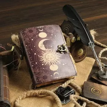 Винтажный кожаный журнал «Небесное солнце и луна», печатная книга пустых заклинаний теней 7 x 5 in