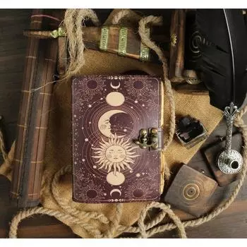 Винтажный кожаный журнал «Небесное солнце и луна», печатная книга пустых заклинаний теней 7 x 5 in